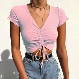 Women's Tanks Sexy V Neck Cropped Tank Tops Women Drawstring Tie Up Front Camis Candy Colours Streetwear Slim Fit Ribbed Crop Top 2023