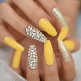 False Nails Bright Orange Yellow Colour Fake AB Rhinestones Pure Butterfly Press On Nail European Fashion Artificial Art