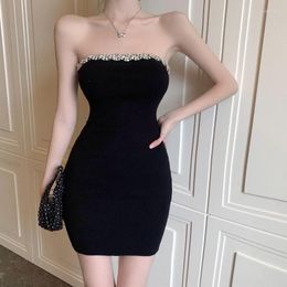 Casual Dresses Female Bodycon Dress Rhinestones Sleeveless Strapless Elegant Women Party Black