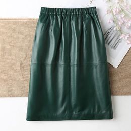 Skirts Midi Skirt Women Genuine Leather Female Elegant Korean Style Avocado Powder Elastic Waist Mid Jupe Mujer Casual Street Saia