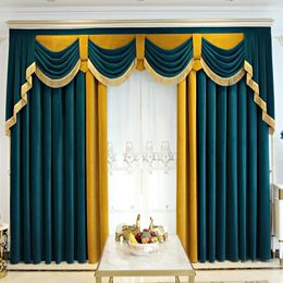 Curtain European-style Living Room Curtains High-end Matte Non-inverted Peacock Blue Color-blocking Flannel Villa Customization