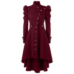 Women's Jackets Fashion Ladies Stand Collar Woollen Windbreaker Tuxedo Jacket Womens Vintage Steampunk Long Coat Gothic Overcoat