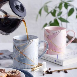 Mugs Nordic Ceramic Geometric Gold Lines Marbling Coffee Mug Household Porcelain Milk Cup Simple Office Teacup Couple Drinkware