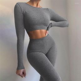 Active Sets Black Grey Yoga Set Women's Tracksuit 2 Pc For Women Exercise Clothing Pants Workout Leggings Crop Top Gym