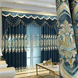 Curtain European Style Curtains For Living Dining Room Bedroom Blue Embroidered Valances Finished Product Customization