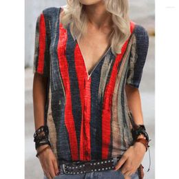 Women's T Shirts 2023 Summer Women Fashion Casual V-Neck Zipper Short Sleeve T-Shirt Lady Loose Striped Shirt Tops Female Clothing