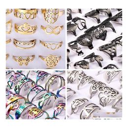 Couple Rings Bk Lots 40Pcs Mix Style Teenage Cut Laser For Women Men Butterfly Heart Flower Lover Wedding Luxury Gifts No Fade Jewel Dhwf3