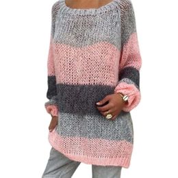 Women's Sweaters O-Neck Long Sleeve Coldproof Knitted Sweater Striped Patchwork Hollow Crochet Women Female ClothingWomen's