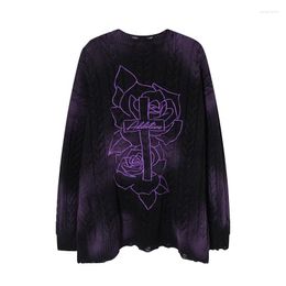 Men's Sweaters Vintage Dark Aesthetic Thick Oversize Men's Winter Sweater Cross Floral Distressed Frayed Gothic Clothes For Men 2023 Y2k