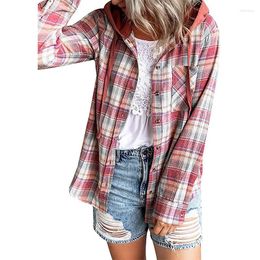 Women's Blouses Sweet Ladies Casual Spring Autumn Plaid Shirt Women Hooded Button Up Shirts Female Loose Checkered For Woman Pink Camisas