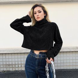 Women's Sweaters Grey Ribbed Striped Sweater Women Plus Size Pink Knitted Turtleneck Harajuku Korean Style Long Sleeve Crop Top