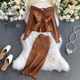 Work Dresses SINGRAIN Autumn Women Shiny Knitting Skirts Sets Lurex Ruffles Long Sleeves Wool Warm Sweater Knitted Two Pieces Set