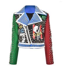 Women's Jackets Classical Dance Clothes Heavy Industry Graffiti Print Colour Matching Half Open Collar Rivet Leather Jacket Slim Short Top