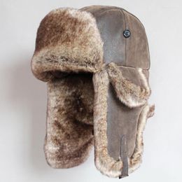 Berets Winter Bomber Hats Vintage Russian Ushanka Caps Men Women Faux Fur Trapper Hat PU Leather Wind Proof Earflap Trooper