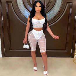 Women's Tracksuits Sexy Two Piece Short Set Crop Tank Top And Mesh See Through Slim Shaped Waist Biker Shorts Women Outfit Clubwear