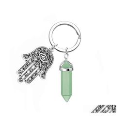 Key Rings Natural Stone Hexagonal Prism Palm Keychains Healing Rose Crystal Car Decor Keyholder For Women Men Drop Delivery Jewelry Dhbst