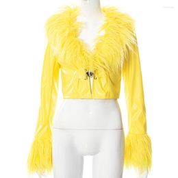 Women's Jackets Fashion PU Leather Jacket Coat For Women Yellow Buckle Fur Collar Party Streetwear Female Y2K Vintage Club Outfit Clothes