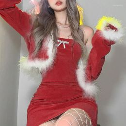 Casual Dresses Vintage Year Sexy Short Red Christmas Party Prom Robes Evening Vestidos Fur Long Sleeve Coat Wrap Hip Dress Suits Mini Skirt