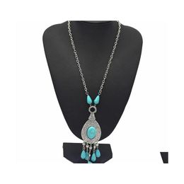 Pendant Necklaces Turquoise Necklace Retro Patterns Carved Drop Sweater Chain Peacock Tail Pattern Moon Delivery Jewellery Pendants Dhxp8