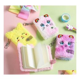 Party Favor Cute Cat Plush Notebook For Girls Kawaii Pendant Keychain Furry Cats Daily Planner Journal Book Note Pad Drop Delivery H Otky1