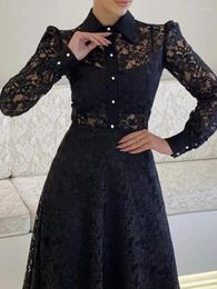Casual Dresses Sexy Black Lace Midi Dress For Women High Waist Long Sleeve Single Breasted Vintage Hollow Out Female 2023 Autumn