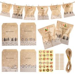 Gift Wrap 24Sets Vintage Kraft Paper Bags Santa Claus Elk Merry Christmas Xmas Party Favour Candy Cookie Packaging Supplies