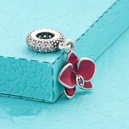 925 Sterling Silver Orchid Enamel Dangle Bead Fits European Jewellery Pandora Style Charm Bracelets