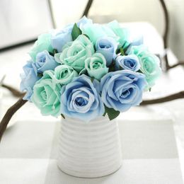 Decorative Flowers 1 Bouquet 9 Heads Artificial Silk Fake Leaf Rose Wedding Party Home Decoration Accessories Roses Floral 27cm