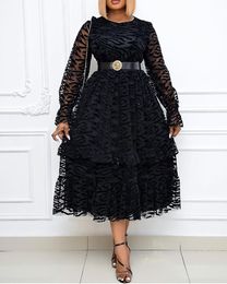 Plus size Dresses Mesh Flocking Elegant Large Skirt Train Large Size Dress With Wooden Ear Edge Without Belt