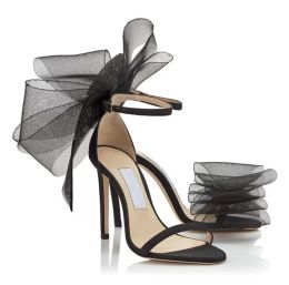 Famous Designer Aveline Bow-trimmed Sandals Shoes Women Mesh Crystal-embellished Bows Buckled Ankle Straps Lady High Heels Party Wedding EU35-43