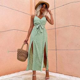 Casual Dresses Summer Spaghetti Strap Midi Dress Women 2023 Fashion V Neck Dot Print Sexy Sleeveless Backless Elegant Vestidos