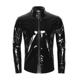 Men's Jackets Jacket Outerwear Patent Leather Stand-up Collar Long-Sleeved Front Zipper Motorcycle Punk