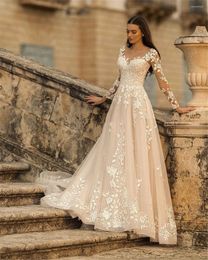 Wedding Dress Boho Country Luxury Scoop Neck Long Sleeve Dresses Lace Up Gown For Bride 2023 Bridal Vestidos De Dovia