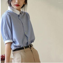 Women's Blouses Chic Puff Short Sleeve Blue Striped Shirt Women Blusa Feminina Lady Tops Casual Offce Shirts Wild Spring Blouse