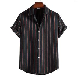 Men's Casual Shirts Vintage Cotton Wool Shirt Men 2023 Brand Short Sleeve Beach Hawaiian Harajuku Streetwear Striped Male XXL
