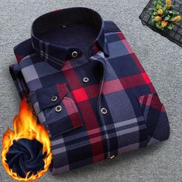 Men's Casual Shirts Men Shirt Plaid Print Long Sleeves Single-breasted Buttons Turn-down Collar Keep Warm Cardigan Plus Size Win