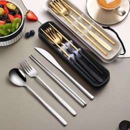 Flatware Sets 4pcs/set Portable Tableware Stainless Steel Reusable Travel Silverware Set Knife Fork Spoon Chopsticks With Box