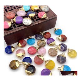 Charms 15X19Mm Gold Edge Natural Crystal Round Flat Stone Rose Quartz Turquoise Pendants Trendy For Jewellery Making Wholesale Drop De Dhxy9