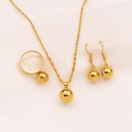 Necklace Earrings Set Gold Colour Plain Bead Jewellery Round Pendant Chain Ball Ring Women Gift