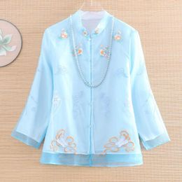 Women's Jackets Chinese Style Stand Collar Women's Short Coat Spring And Summer Organza Small Flower Cloud Embroidered Lady Top S-XXL