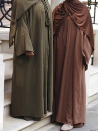 Ethnische Kleidung, schlichtes Krepp-2-teiliges Abaya-Set, passendes Outfit, Dubai, Türkei, muslimische Frauen, bescheidenes, ärmelloses Innen-Slip-Kleid mit Kimono