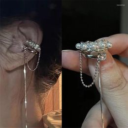 Backs Earrings French Shinny Imitation Pearl Metal Long Tassel Irregular Double-layer Ear Bone Clip For Women No Piercing Jewelry