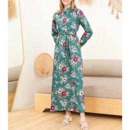 Ethnic Clothing Elegant Muslim Modest Dresses For Women Loose Stand Collar Full Sleeve Belt Maxi Dress Small Floral Print Style 2023Ethnic