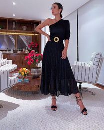 Casual Dresses Solid Long Sleeve One Shoulder Elegant Black A-Line Women Dress Sexy Ruched Mini Party Female Club Vestidos De Fiesta