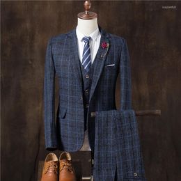 Men's Suits 2023 Korean Fashion High-end Casual Business Men Suit Plaid Printed Slim 3 Pcs Set Groom Wedding Dress Prom Tuxedo