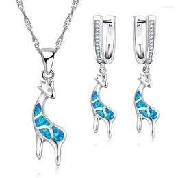 Necklace Earrings Set Cute Giraffe Blue Imitation Fire Opal Pendants Necklaces With Jewellery For Women Accessories Wedding Party Girl Gift