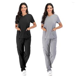 Women's Two Piece Pants Men&women Clothing Set Short Sleeve V-neck Solid Pullover Tops Nursing Working Uniform Suit 2023 Women