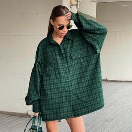 Women's Blouses 2023 Spring Autumn Oversize Lapel Plaid Shirt Women Vintage Single Breasted Pocket Long Sleeve Blouse Casual Female