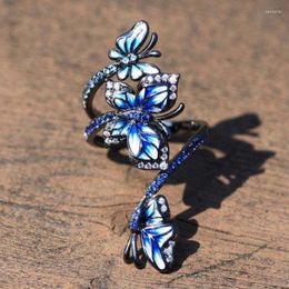 Wedding Rings Vintage Black Jewellery Set For Woman Elegant Blue Butterfly Flower Ring Earrings High Quality Hand Made Enamel