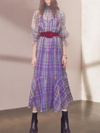 Casual Dresses LINDA DELLA Fashion Designer Classic Woman Chic Retro Purple Plaid Dress French Stunning Long Skirt Waist Niche Temperamen